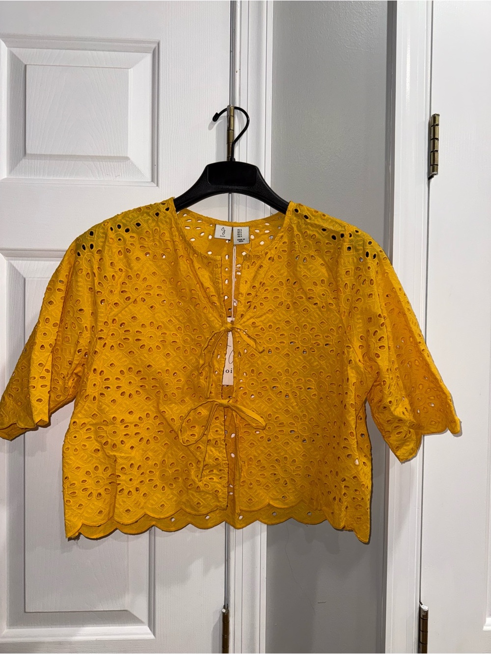 Joie Mustard Eyelet Tie-Front Crop Blouse - Picture 1 of 5